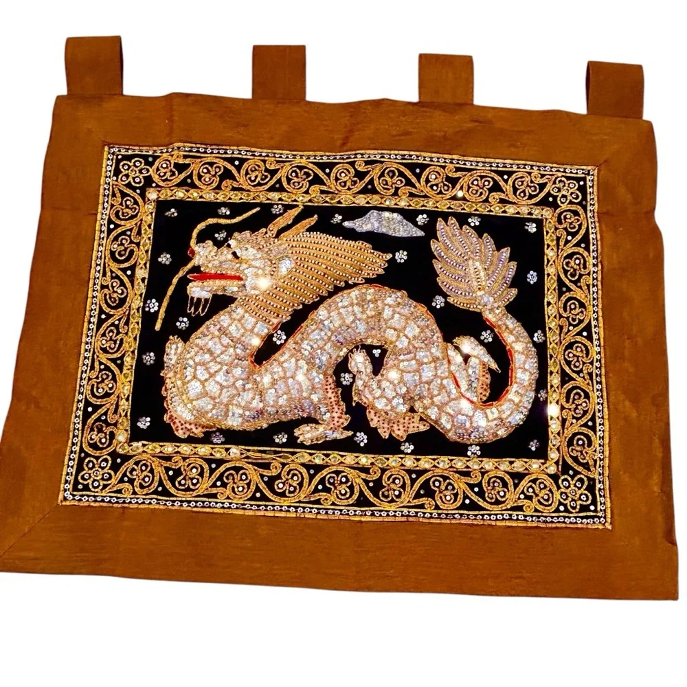 Asian Embroidery Sequin Tapestry Dragon Kalaga Padded Dimensional Wall Hanging